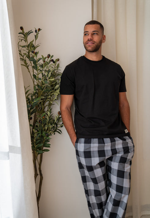 Men summer pajama set Black T-shirt + Black X White Glen Plaid Pants